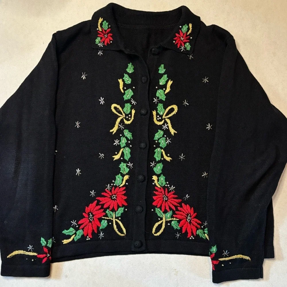 Vintage Black Christmas Cardigan Poinsettia Embroidered Beaded L-XL Cozy Cottage